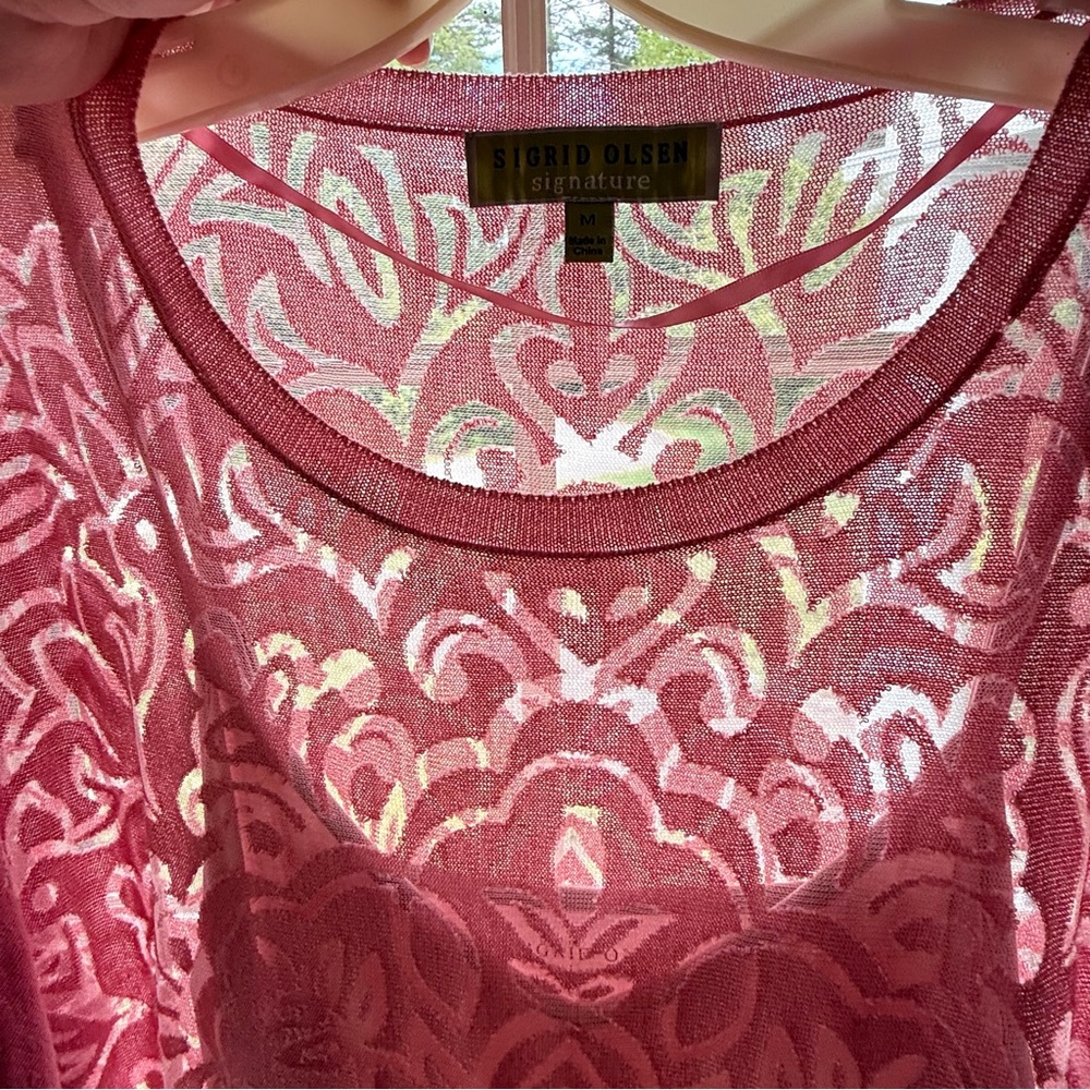 Sigrid Olsen Pink Floral Lace Transparent Blouse with Seperate Liner Tank Top - Picture 6 of 14